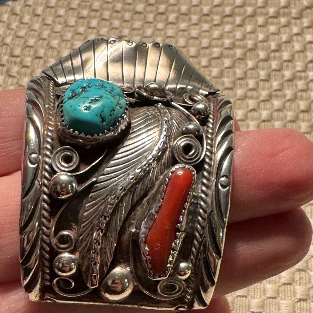 Men’s Vintage Navajo  Sterling Silver,Turquoise,and Coral Watch Cuff.